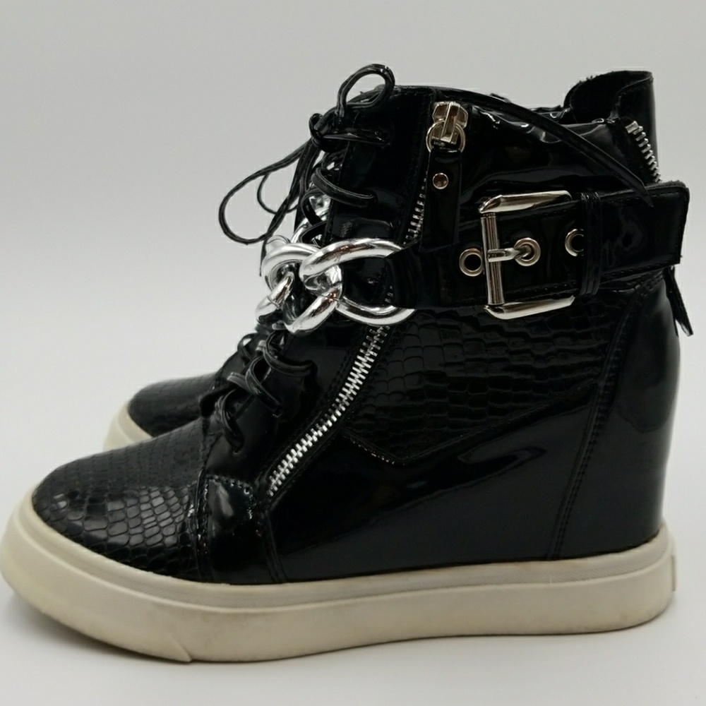 Black patent leather looking hidden wedge sneaker